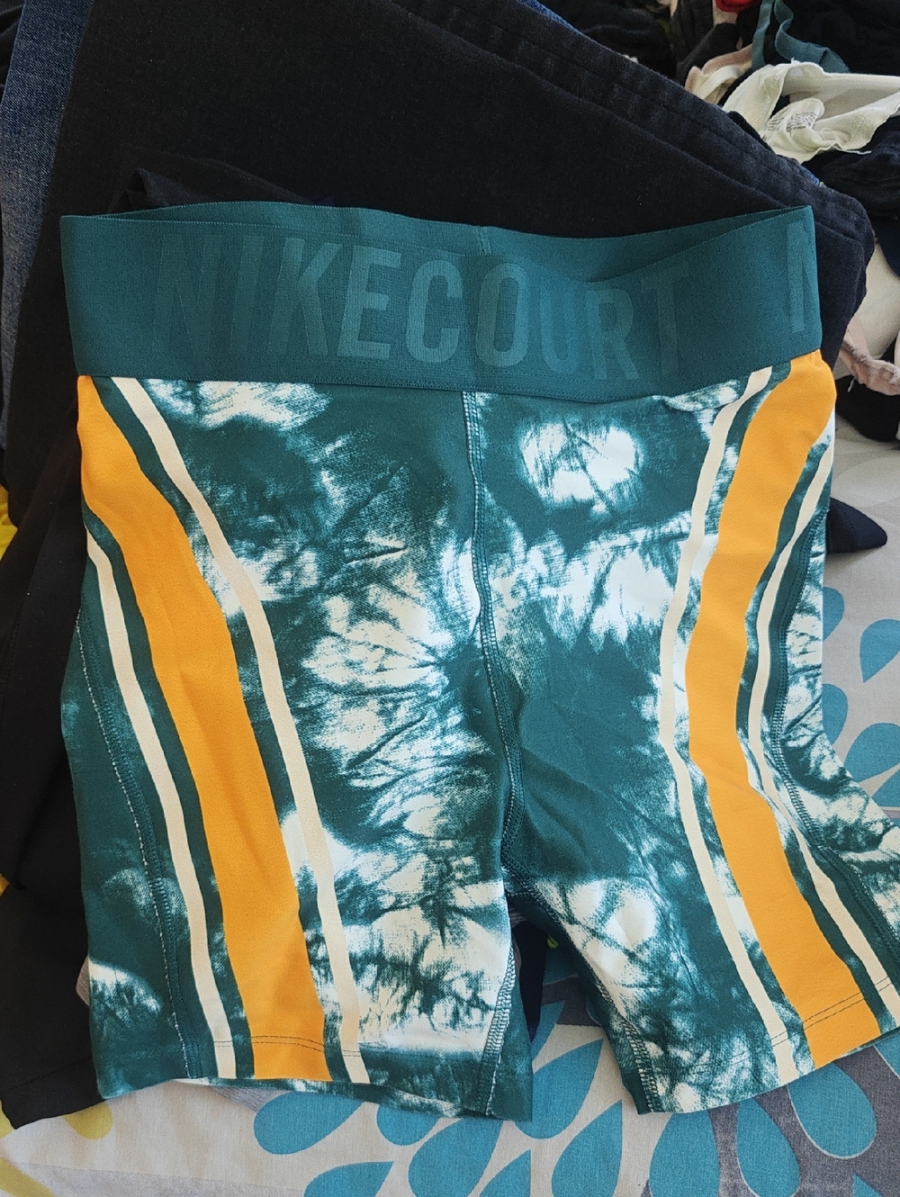 Nike Teal Tie-Dye Athletic Shorts with Yellow Stripes